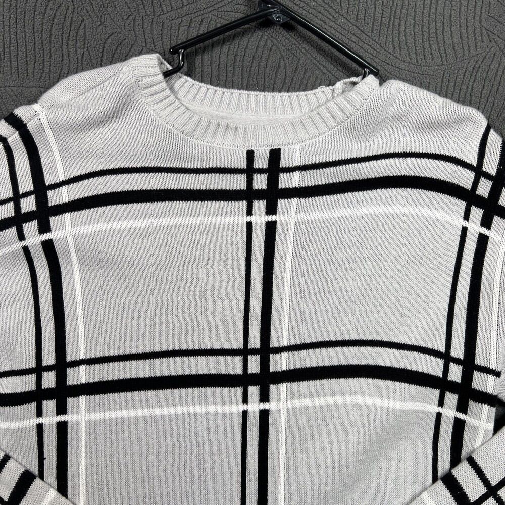 RSQ Gray Black White Windowpane Plaid Midweight Knit Sweater M Crewneck Unisex